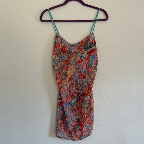 Cute semi sheer Asian Floral Multicolor Summer mini slip Dressββ - Picture 13 of 15